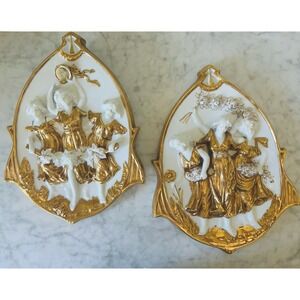 Antique Porcelain Wall Plaques Pair Art Nouveau Gilt Gold 3 Women Cherubs Set 2